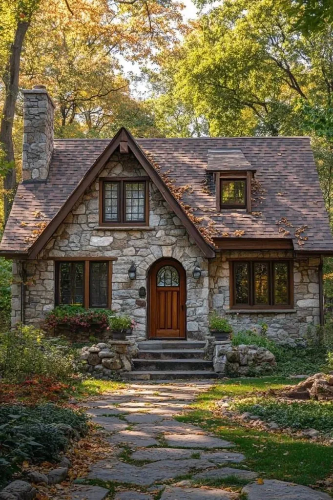 Stone cottage with wooden deck over water.