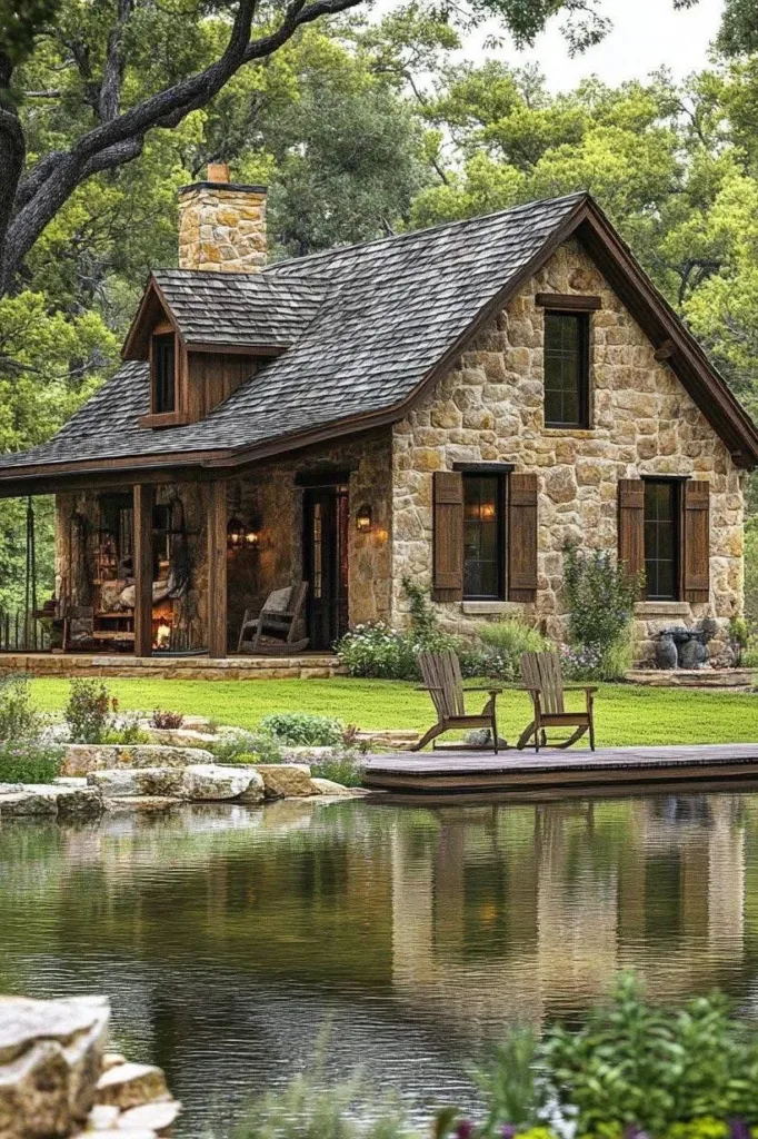 Stone and wood cottage with dark roof in snow.