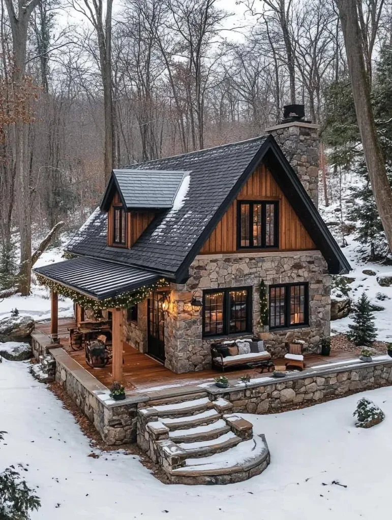 Stone cottage with second-story balcony and covered porch.