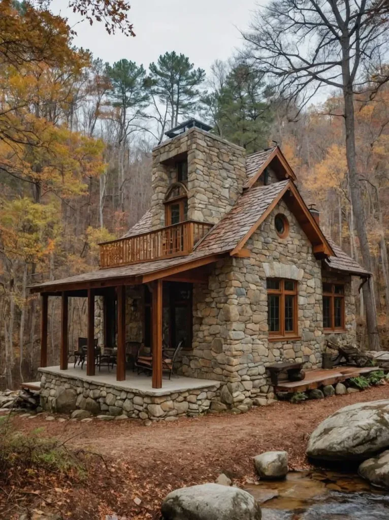 Stone cottage nestled in woods with plants.