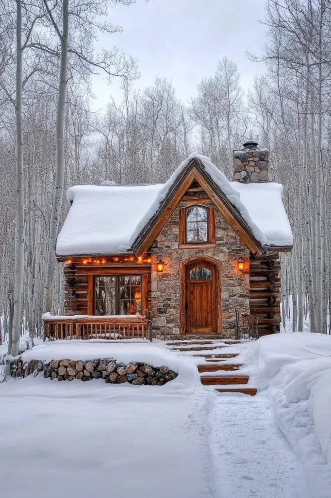 Stone and log cabin in snowy woods with arched doorway.