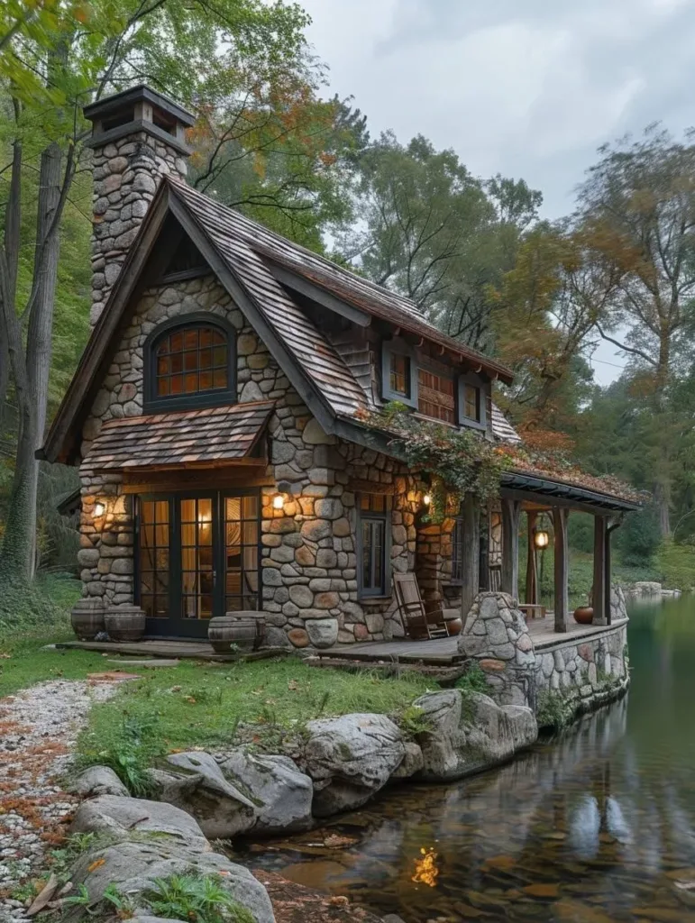 Stone cottage with covered porch on edge of lake.