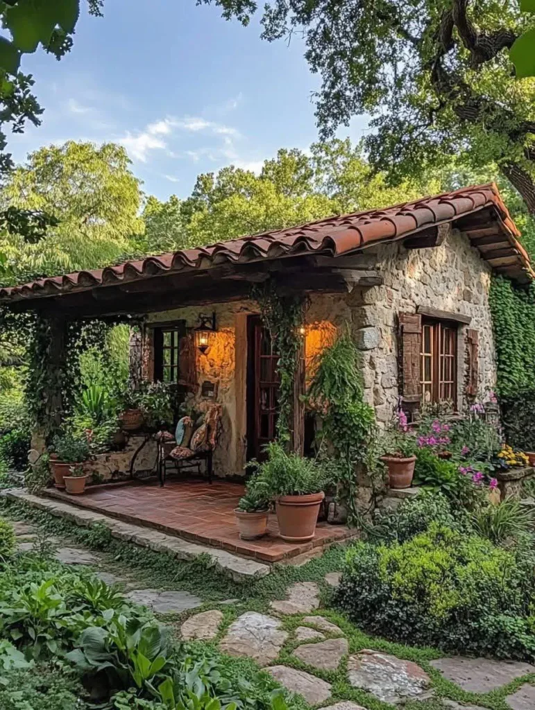 Stone cottage with covered porch and lush gardens.