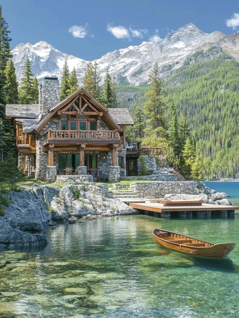 Large stone cottage with dock on mountain lake.