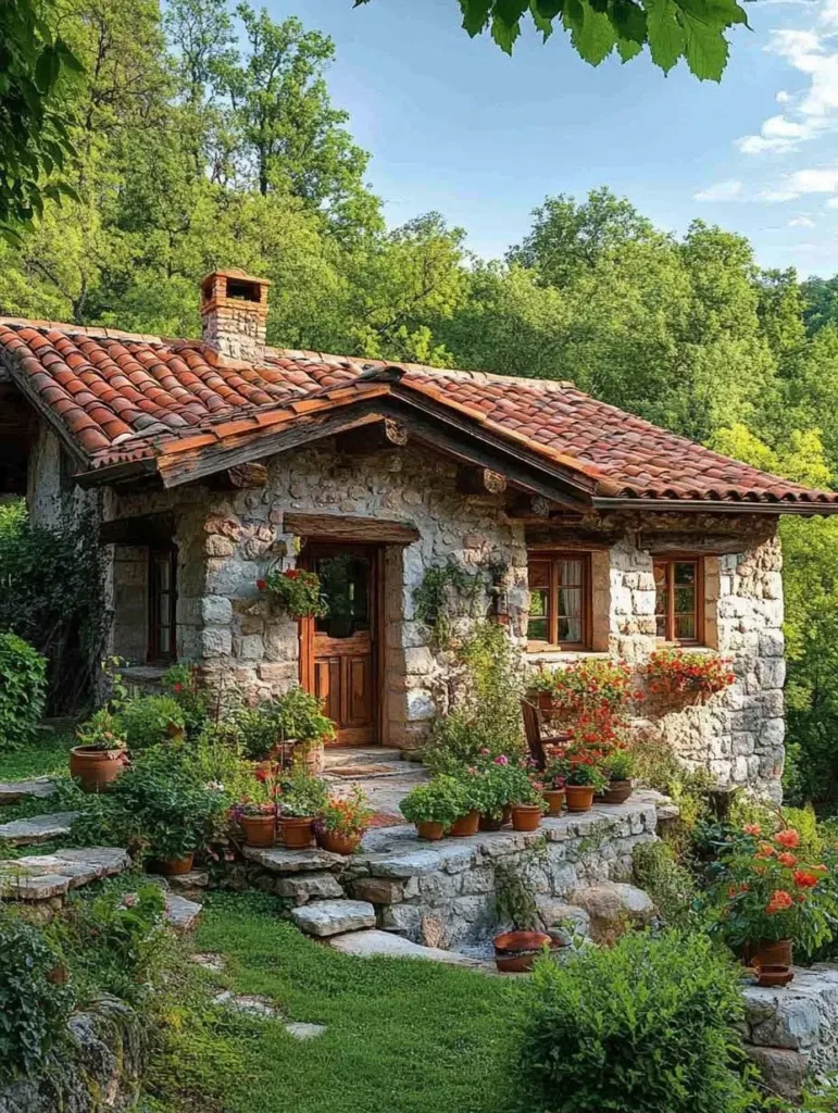 Stone cottage on hillside with tiered gardens and terracotta roof.