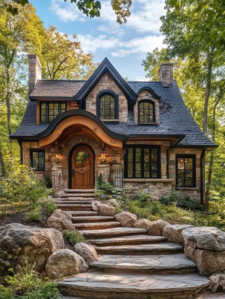 Stone cottage with grand stone stairway entrance.