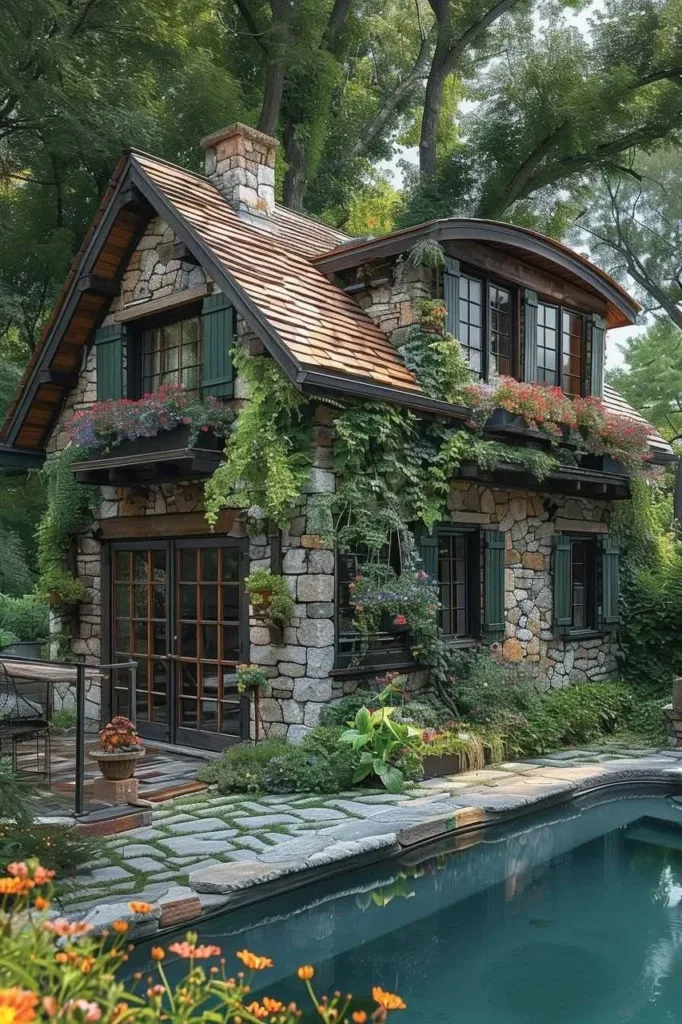 Stone cottage with window boxes beside pool.