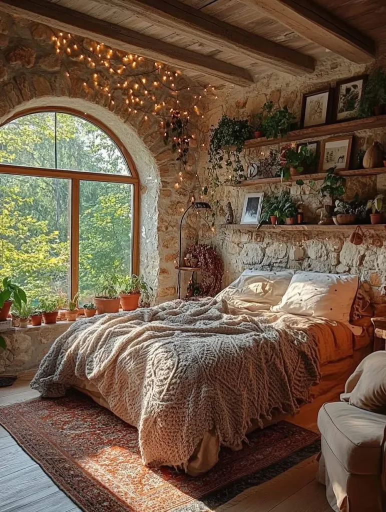 Bedroom with interior stone wall and arched window.