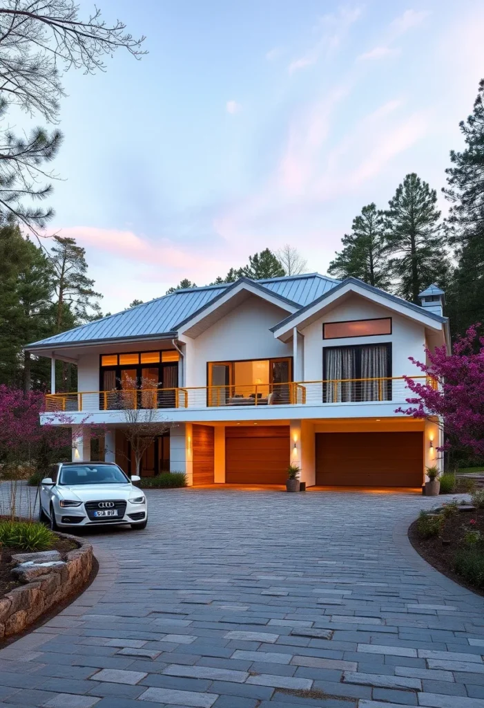 Contemporary Home, Wooden Garage Doors, Modern Design, Contrasting Colors