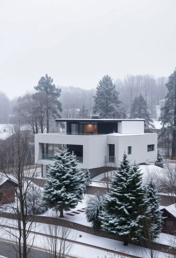 Luxury concrete home design blending with snowy landscape, showcasing minimalist elegance.