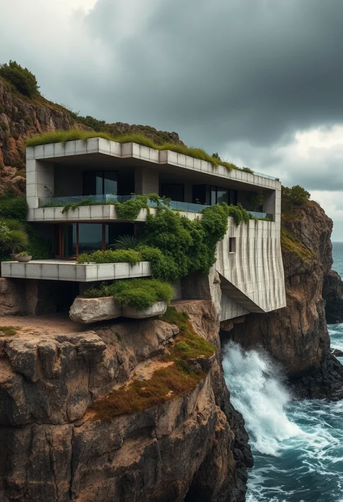 Luxury concrete home dramatically built on cliffside, showcasing integration with natural coastline and minimalist design.