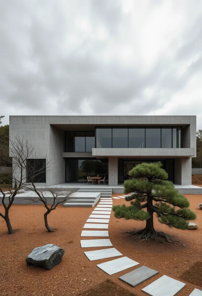 Minimalist concrete home design with clean lines, showcasing elegant landscaping and a modern aesthetic.