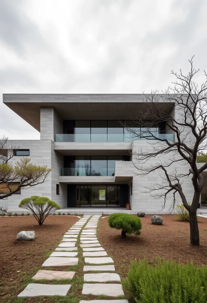 Luxury concrete home featuring refined textures, minimalist landscaping, and pathway leading to entrance.