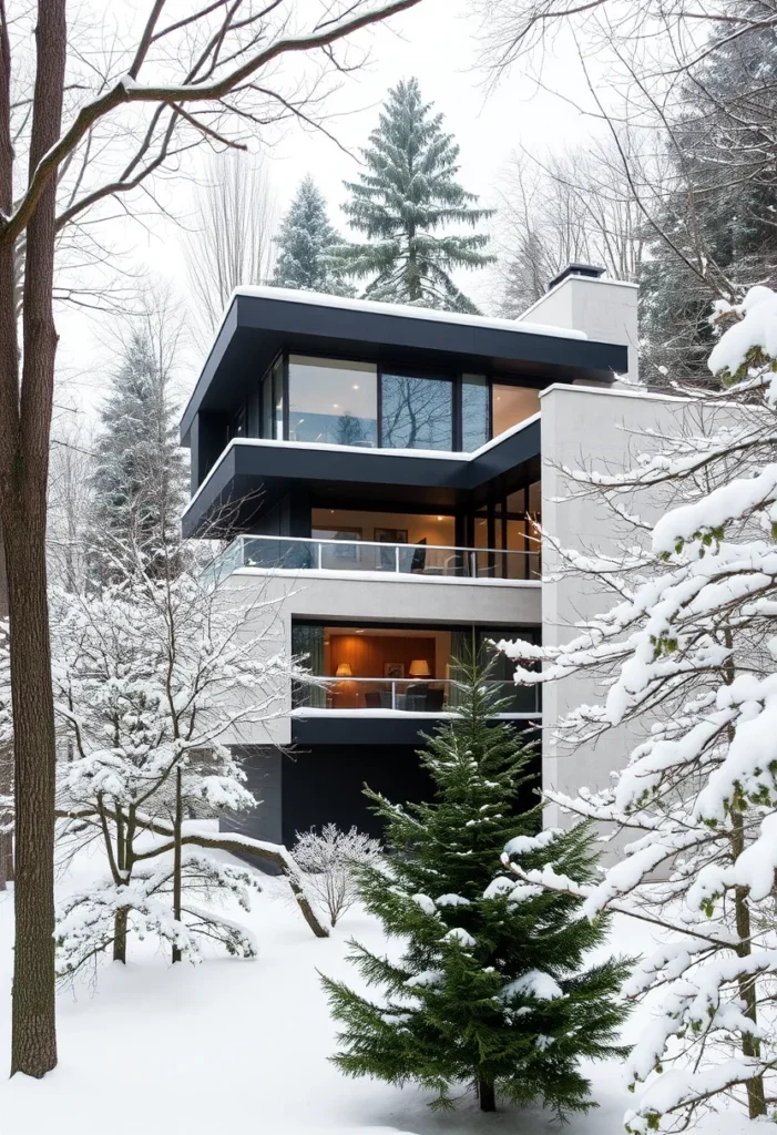 Multi-level luxury concrete home in snowy landscape, showcasing warm interior lighting and minimalist design.