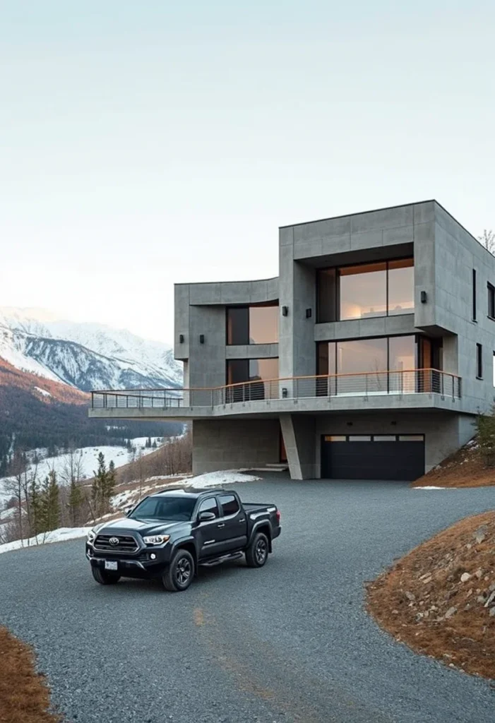 Luxury concrete home with spacious balconies, showcasing panoramic mountain views and minimalist design.