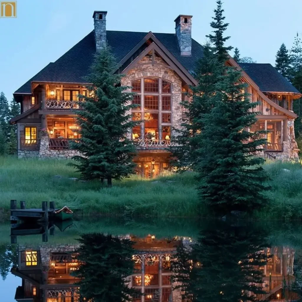 A grand luxury mountain lodge with stone accents and a large window wall, reflected in a lake at dusk.