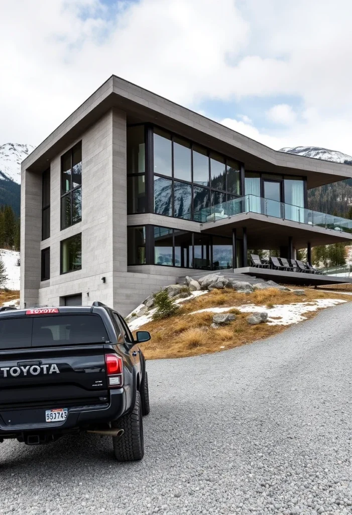 Luxury concrete home with expansive windows, showcasing sleek design and stunning landscape views.