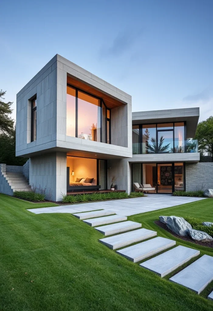 Luxury concrete home with geometric design, featuring lush landscaping and elegant stepped pathways.