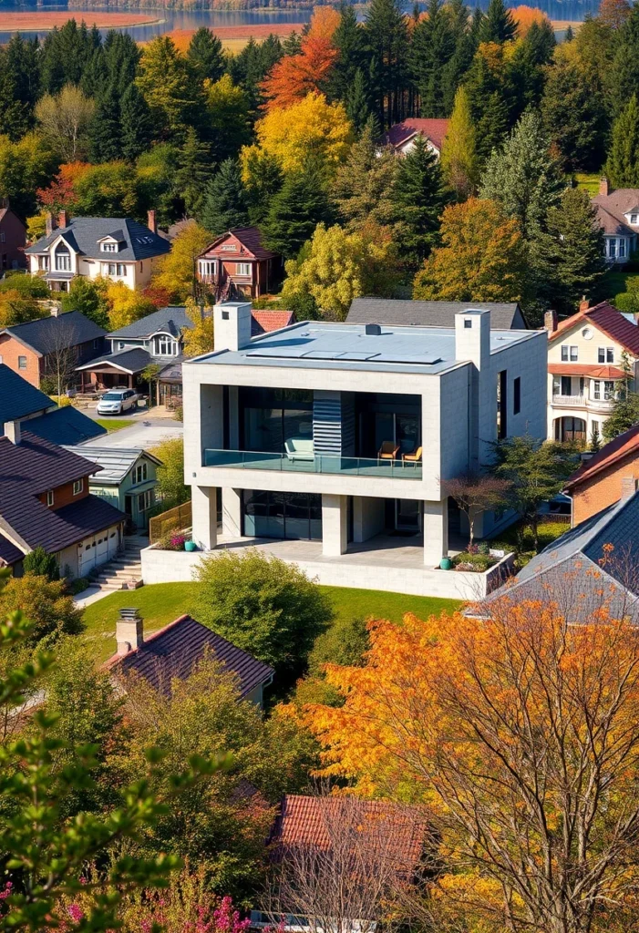 Modern concrete home with large windows, showcasing minimalist design amidst vibrant autumn landscape.