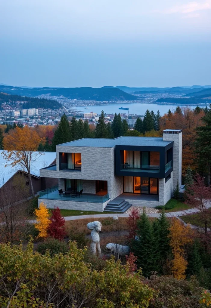 Luxury concrete home at twilight, showcasing panoramic views, warm lighting, and minimalist design.