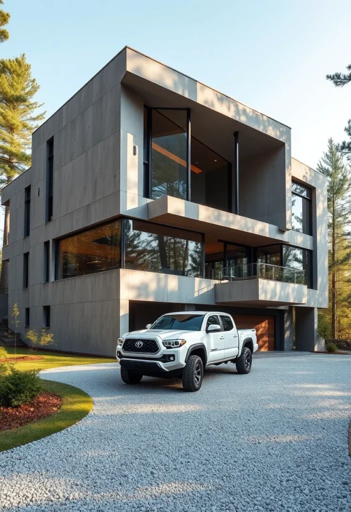 Minimalist architecture featuring luxury concrete home with large windows and natural light.