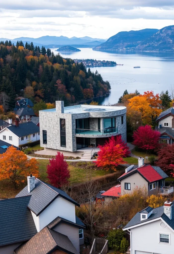 Unique circular concrete home design, showcasing minimalist aesthetic amidst vibrant autumn landscape.