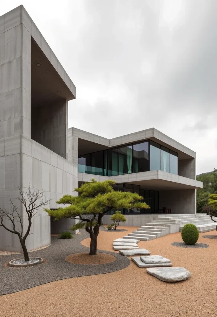 Modern concrete home, potentially Sincheon-ri House, featuring stepped design and artful minimalist landscaping.