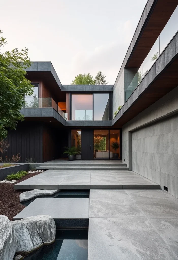 Modern concrete home featuring integrated water feature, showcasing minimalist design and fusion of materials.