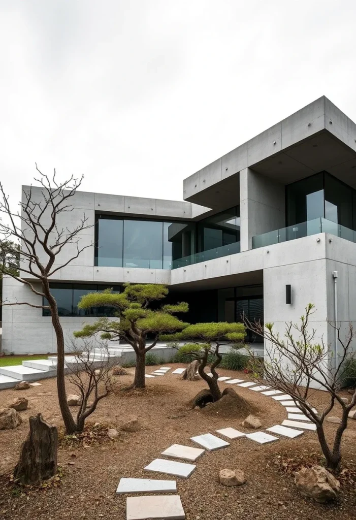 Modern concrete home featuring interconnected volumes, minimalist landscaping, and elegant design.