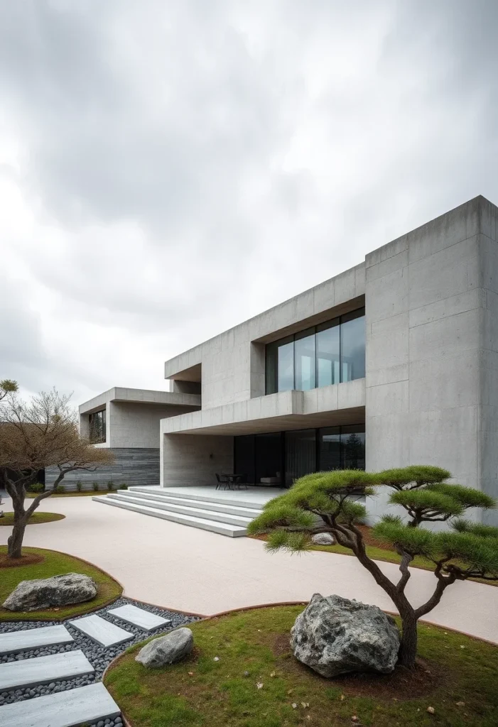 Modern concrete home with expansive windows, showcasing minimalist landscaping and elegant architectural design.