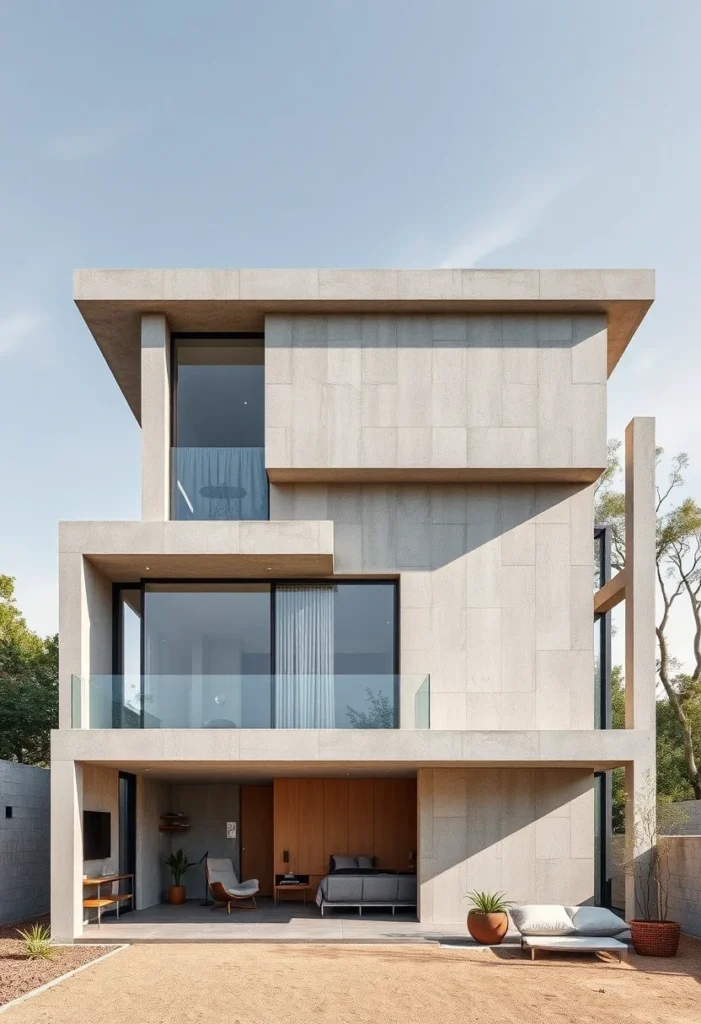 Modern concrete homes with stacked volumes, showcasing expansive windows and open living design.