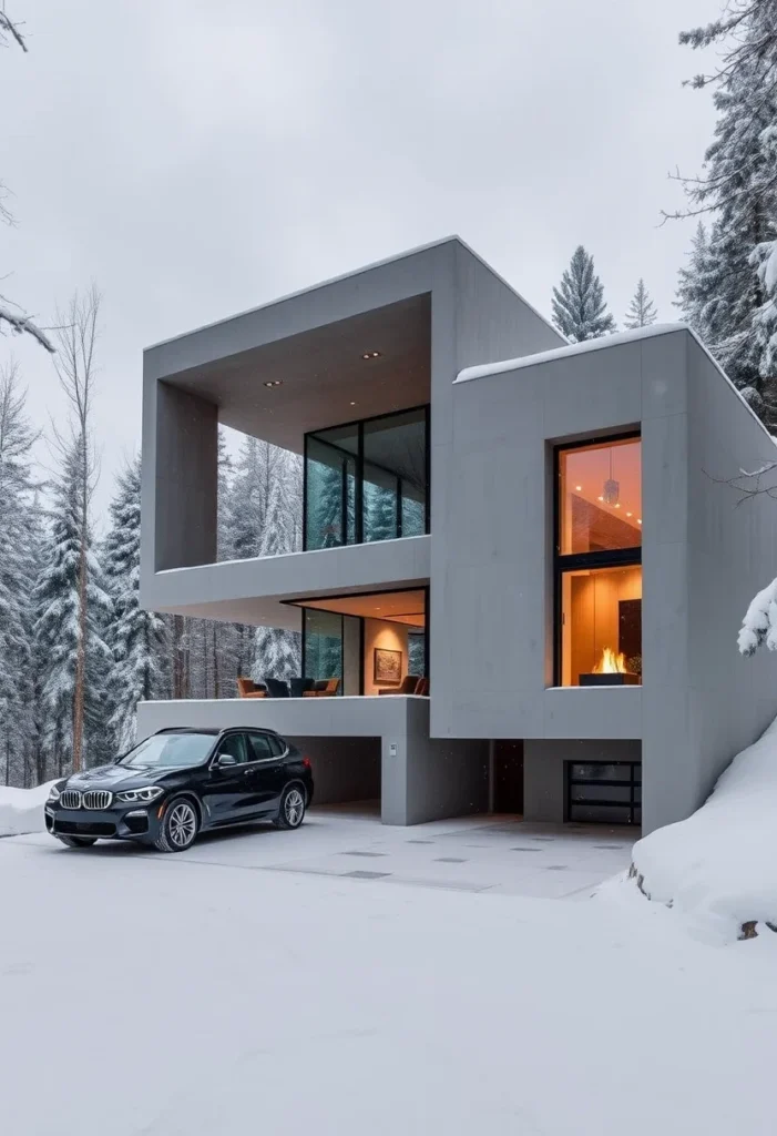 Luxury concrete homes in winter, showcasing warm interior lighting, minimalist design, and snowy landscape.