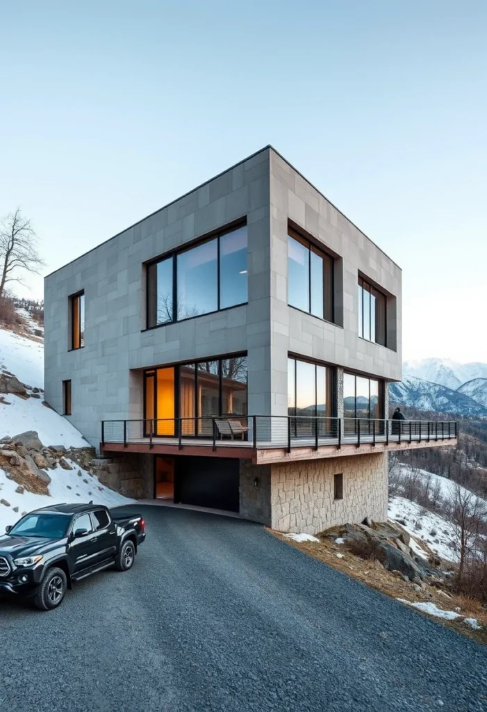 Elegant concrete home design on hillside, featuring minimalist aesthetic and expansive views.