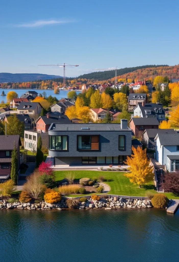 Waterfront luxury concrete home showcasing minimalist design amidst vibrant autumn landscape.