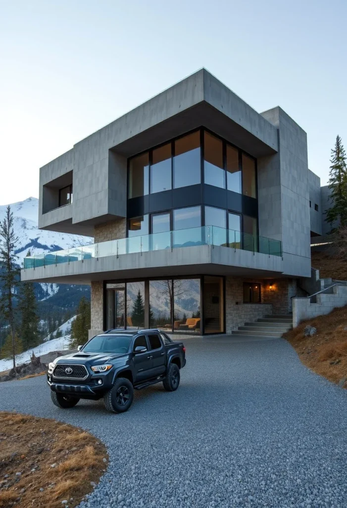 Luxury concrete home with panoramic mountain views, showcasing minimalist architectural design.