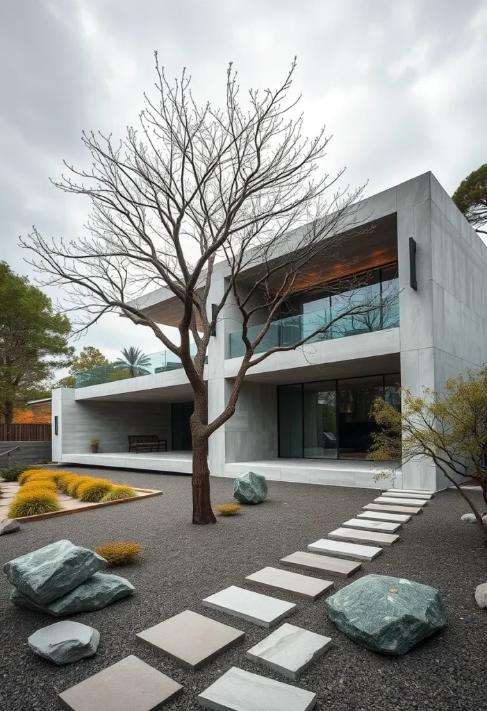 Minimalist concrete home design featuring tranquil garden with stone pathway and modern landscaping.