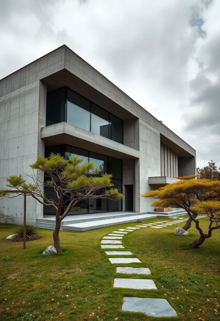 Modern concrete home with minimalist landscaping, featuring sculpted forms and elegant design.