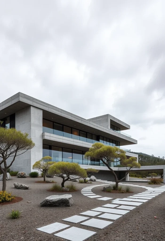 Luxury concrete home featuring harmonious design with integrated minimalist landscaping and pathways.