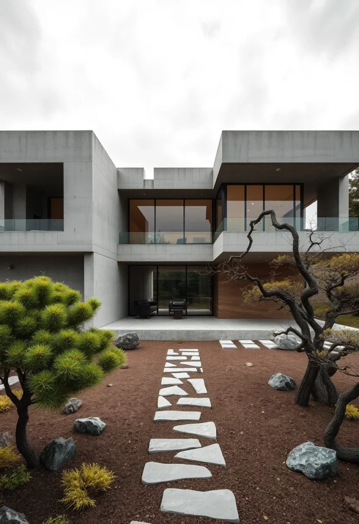 Modern concrete home design with expansive windows, showcasing open views and minimalist aesthetic.