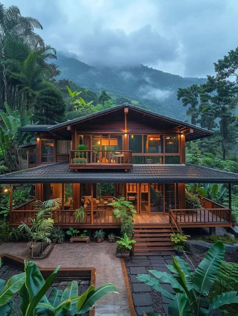 Dream cabin featuring a multi-level design, made of wood, surrounded by lush greenery for a peaceful retreat.