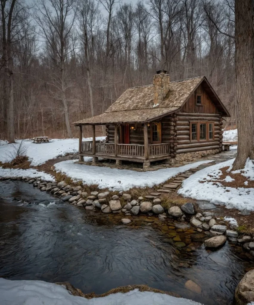 Quaint log cabin nestled beside a flowing creek in winter, ideal for a quiet and peaceful retreat.