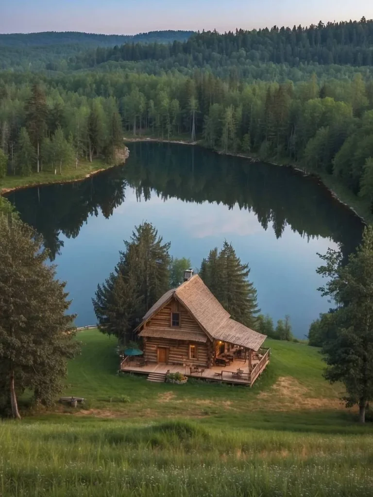 Log cabin with stunning lake and forest views, featuring a large deck, perfect for a serene retreat.