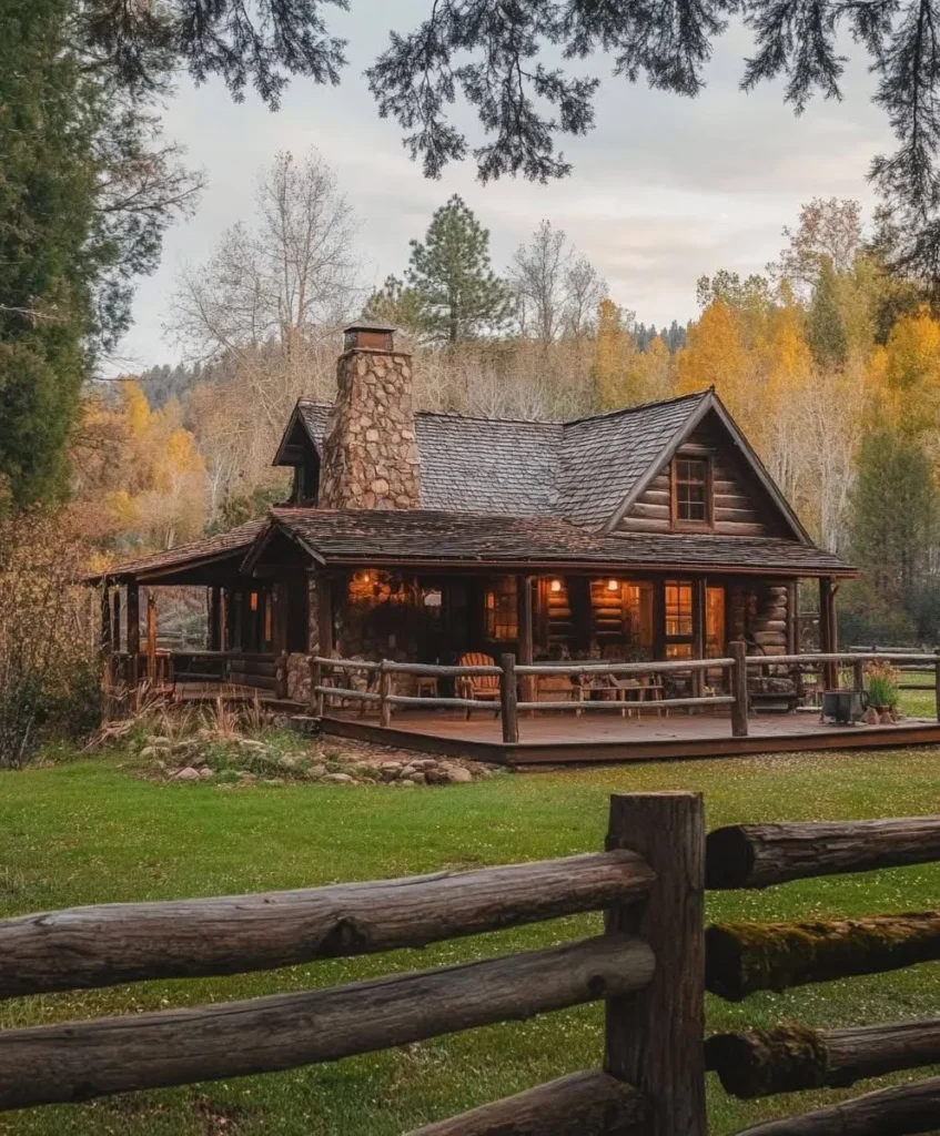 Rustic log cabin with a large stone chimney and wrap-around porch, set in a peaceful forest, ideal for a group retreat.