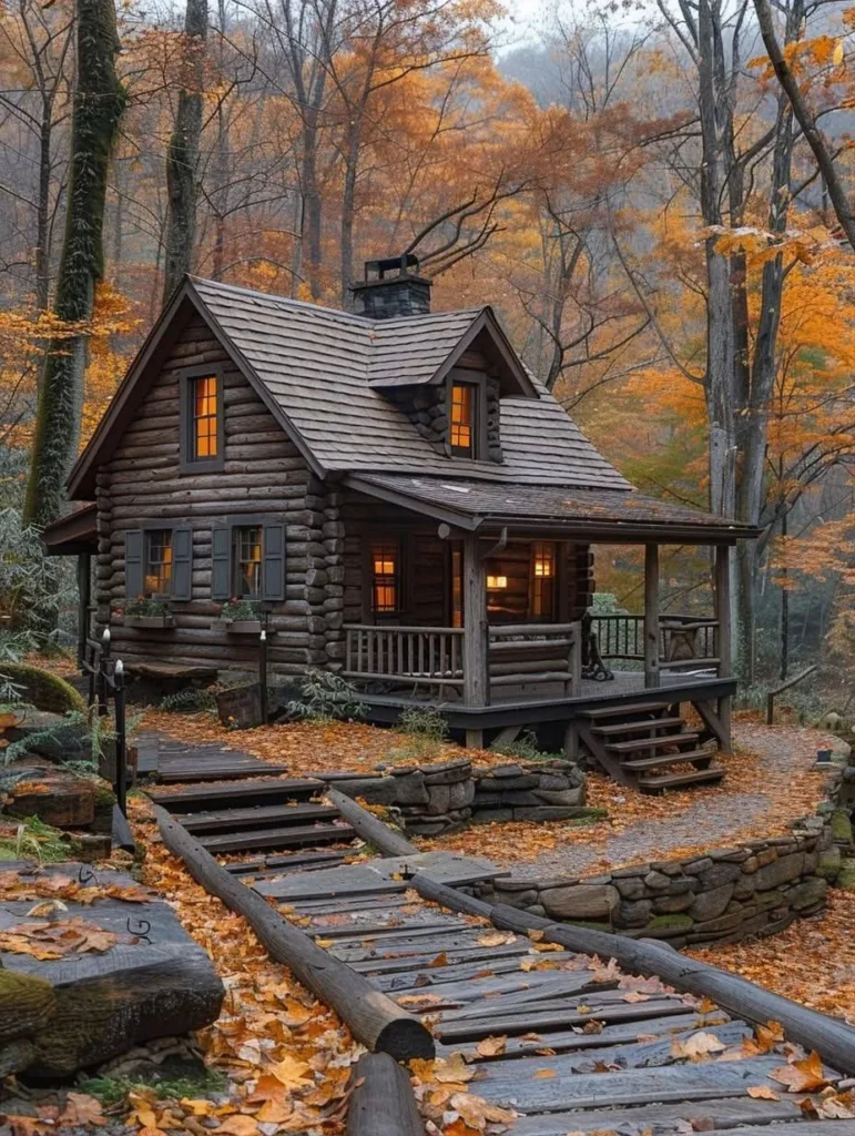 Charming cabin in the woods with a wooden walkway, surrounded by fall colors, perfect for a cozy and peaceful escape.