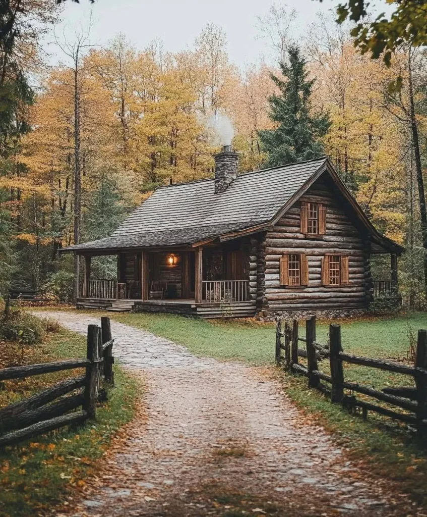 Cozy log cabin with smoke rising from the chimney, surrounded by fall foliage, offering a tranquil and inviting retreat.