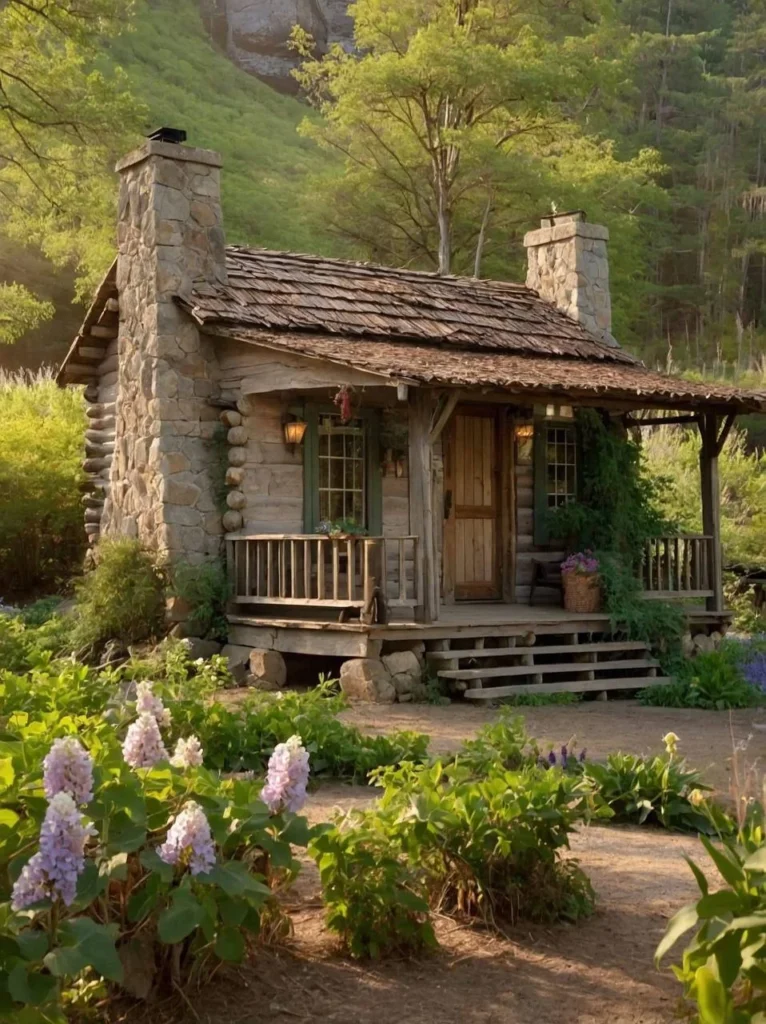 Enchanting small cabin with stone chimneys and a wooden porch, surrounded by a lush garden, perfect for a peaceful and magical retreat.