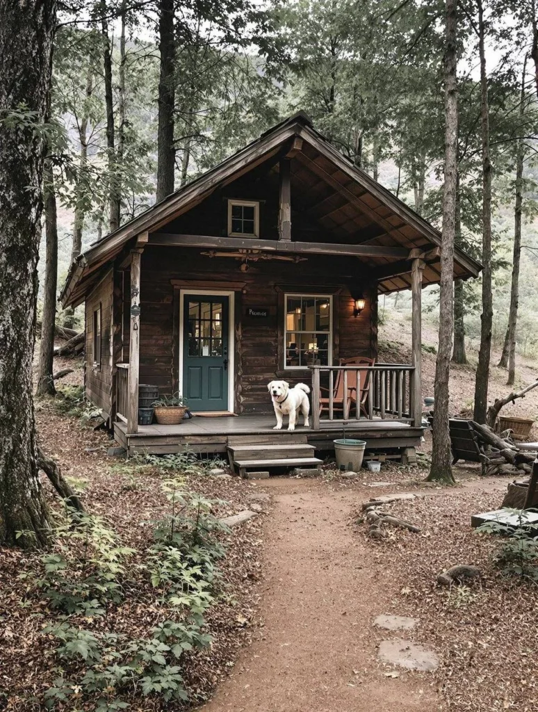 Cozy cabin in the woods with a teal door and a dog on the porch, offering a peaceful and pet-friendly retreat.