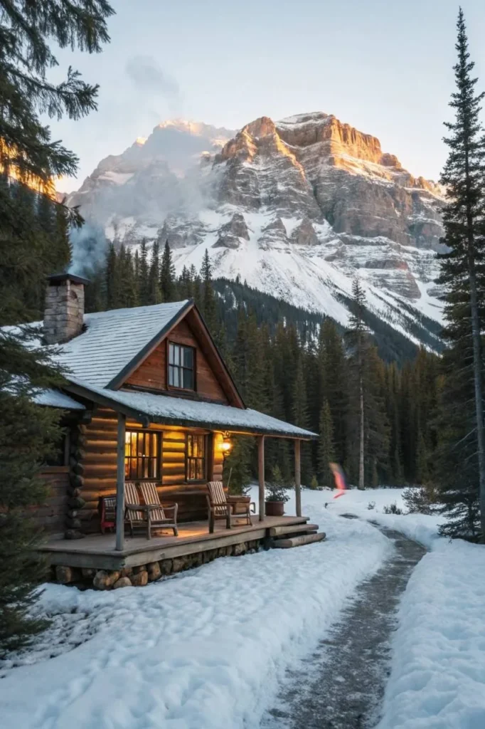 Cozy log cabin in the woods with a stunning mountain view, featuring a porch with rocking chairs, ideal for a peaceful winter retreat.