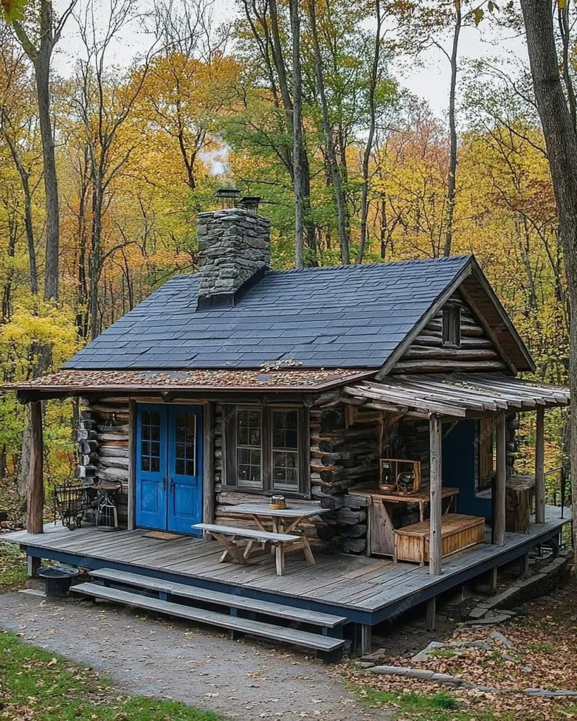 Small log cabin with striking blue doors and a large deck, nestled in the woods for a cozy and peaceful retreat.