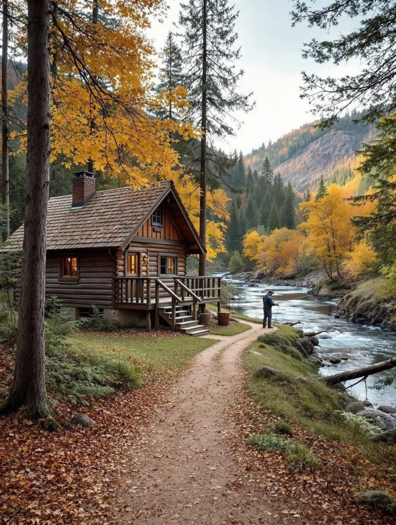 Classic log cabin situated by a tranquil river, surrounded by autumn foliage, perfect for a peaceful fishing retreat.